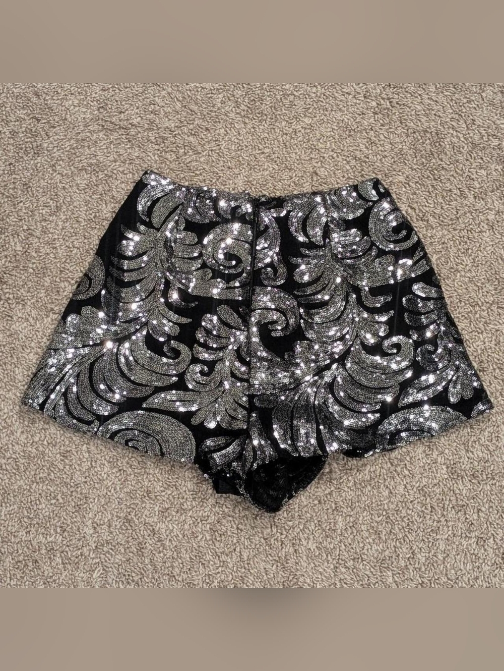 Show Me Your Mumu Silver Sequin Filigree High Waisted Fitted Mini Shorts - XS